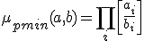 \mu_{pmin}(a,b) = \prod_i \left[ \frac{a_i}{b_i} \right]