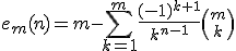 e_m(n) = m - \sum_{k=1}^m \frac{(-1)^{k+1}}{k^{n-1}} {m \choose k}